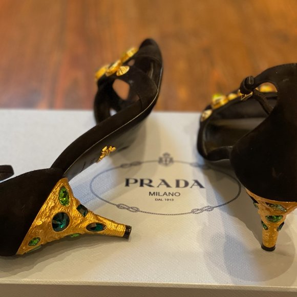 PRADA Black Suede Ankle Strap Sandals Metal Sculptural Gold Heel with Emeralds - Picture 8 of 16